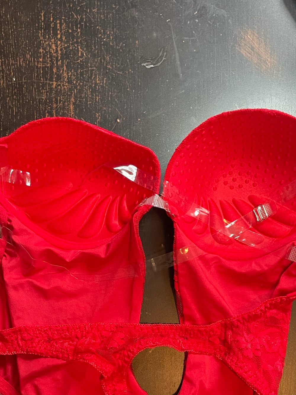 Amazon Red Lace Strapless Bodysuit with Molded Cups